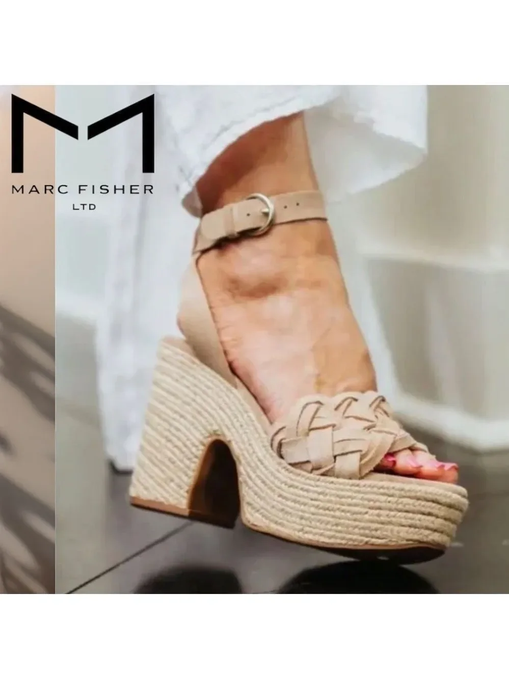 MARC FISHER Odilia Leather Upper Jute-Wrapped Platform Espadrille Wedge Sandals